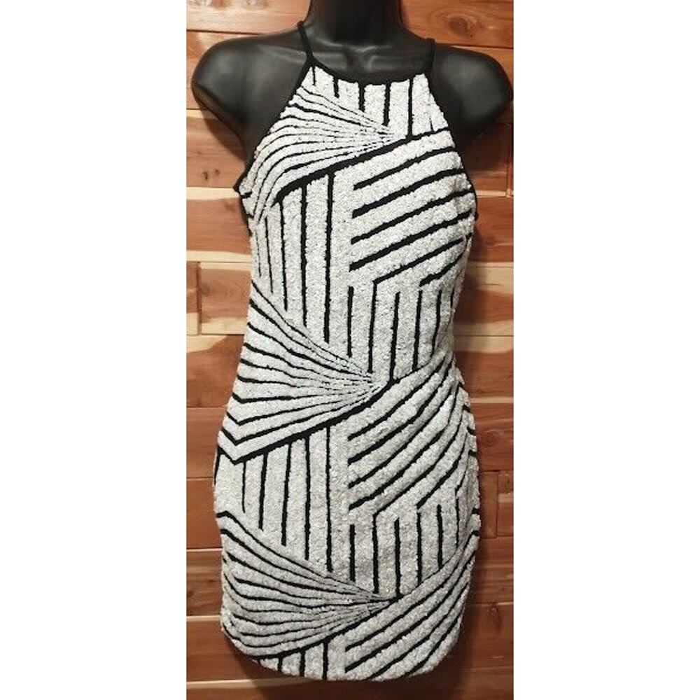 Black Bodycon Dress White Sequin Cocktail Party Bar Crawl Girls Night Medium 7 8